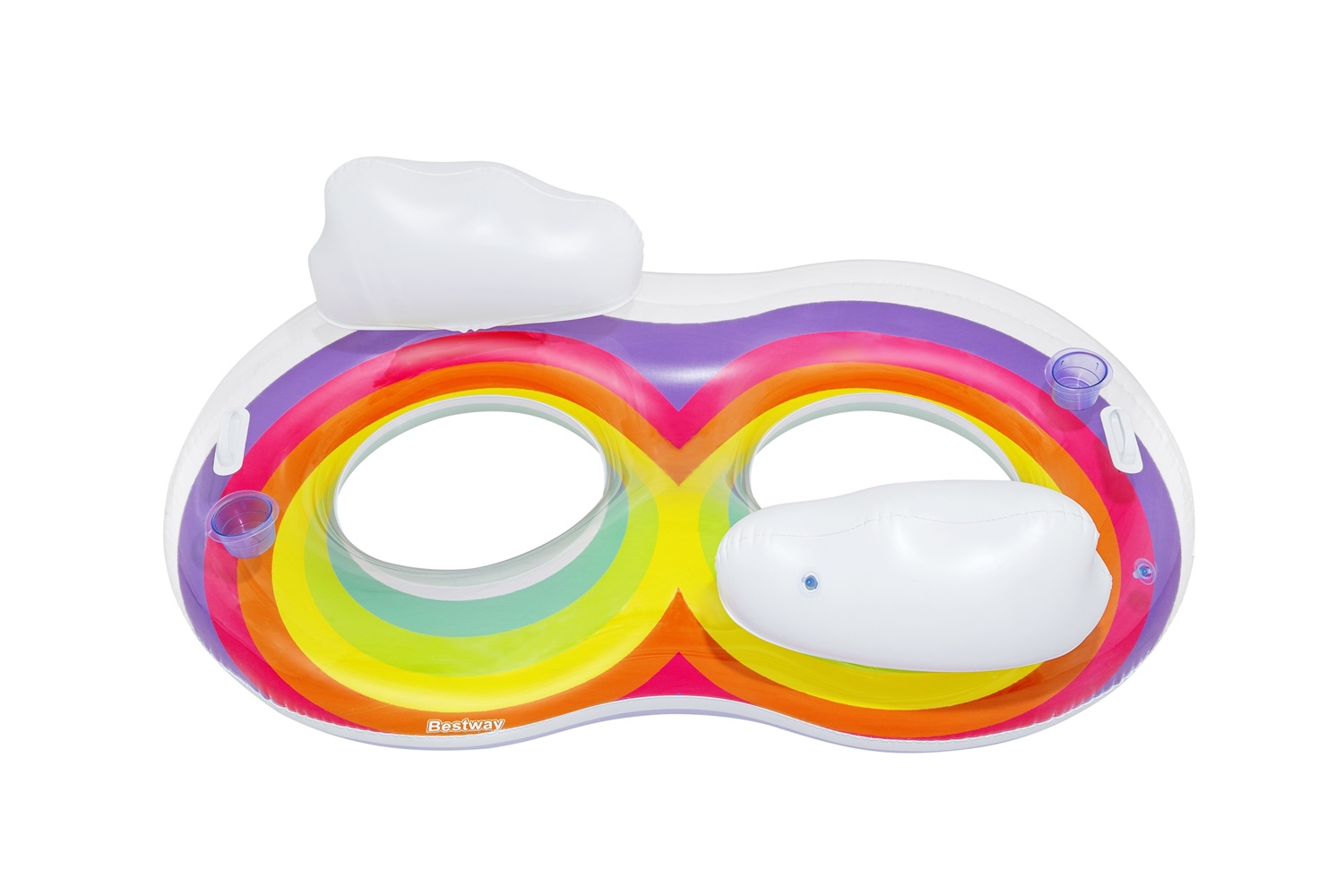 Bestway Ciambella Gonfiabile Doppia Rainbow Dreams 186x116 cm - Design Arcobaleno, 2 Posti, 2 Portabicchieri, Poggia Testa Confortevole