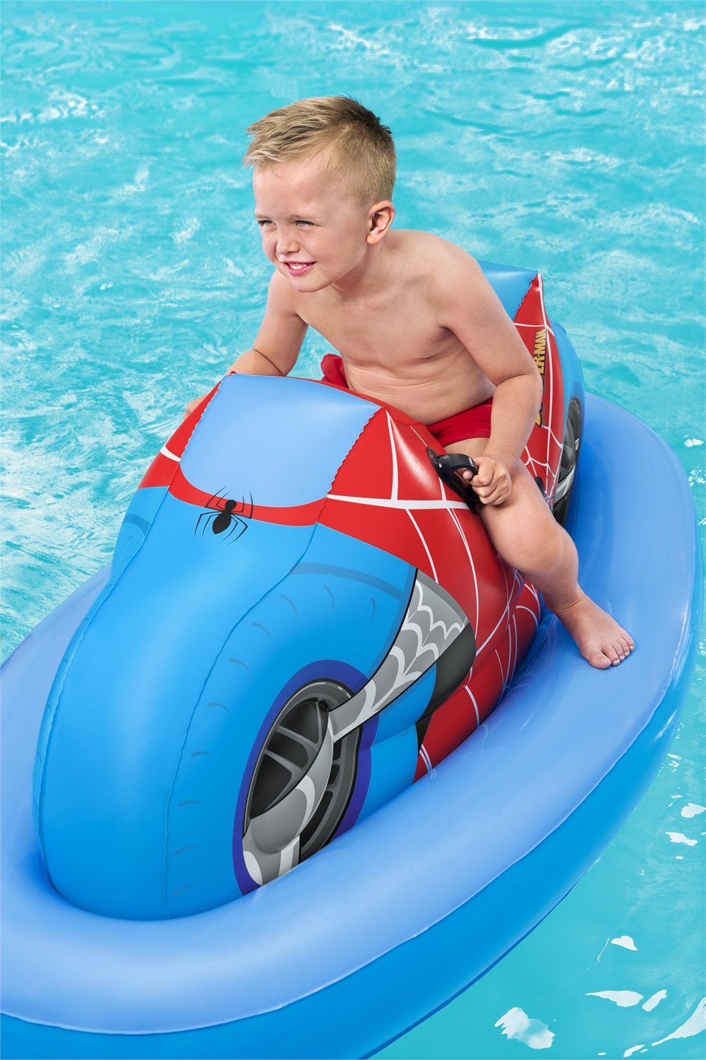 Bestway Cavalcabile Galleggiante Sporty Motorcycle Spider-Man - 170x84 cm, per Bambini dai 3 Anni, Maniglie Rinforzate e Ampia Base