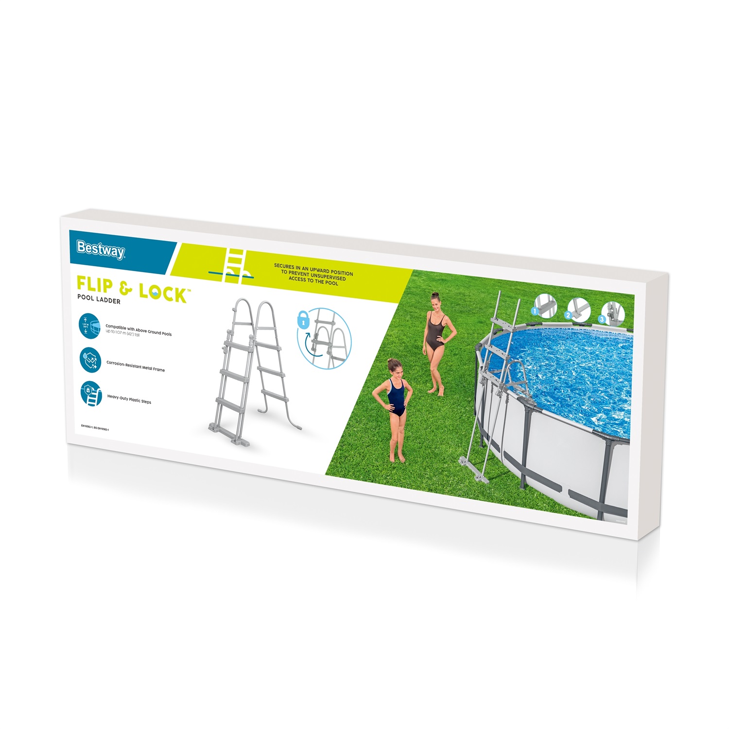 Bestway Scaletta di Sicurezza per Piscina Fuori Terra 107 cm - Design Flip and Lock, Metallo Antiruggine, Dimensioni 108x71,4x139 cm