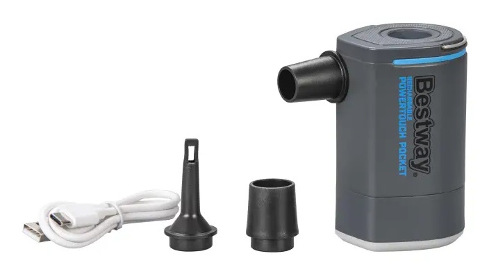 Bestway Pompa di Gonfiaggio Elettrica Ricaricabile PowerTouch Pocket - Leggera, Autonomia di 30 Minuti, Ricarica USB con Custodia e Adattatori
