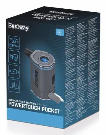 Bestway Pompa di Gonfiaggio Elettrica Ricaricabile PowerTouch Pocket - Leggera, Autonomia di 30 Minuti, Ricarica USB con Custodia e Adattatori