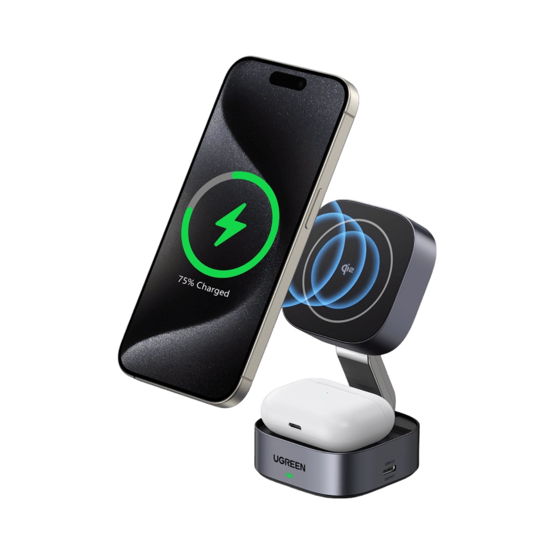 Ugreen 35316 Caricabatterie Wireless 2 in 1 Grigio - Ricarica Rapida 15W per Smartphone, Auricolari e Orologi Intelligenti