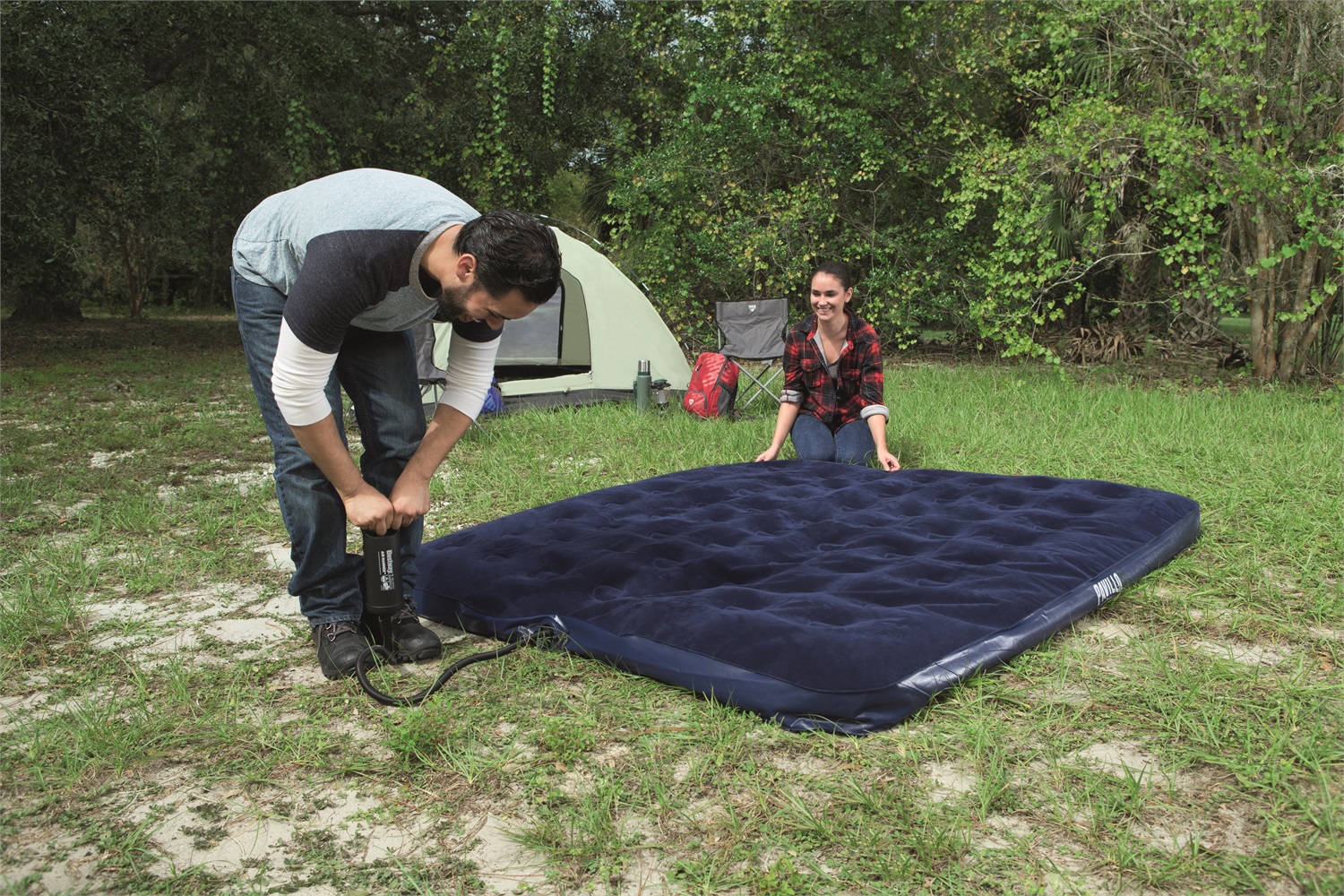 Bestway Materasso Matrimoniale Gonfiabile Pavillo Blue Horizon - h22x203x183 cm, Struttura Rinforzata, Superficie Anallergica, Kit di Riparazione Incluso