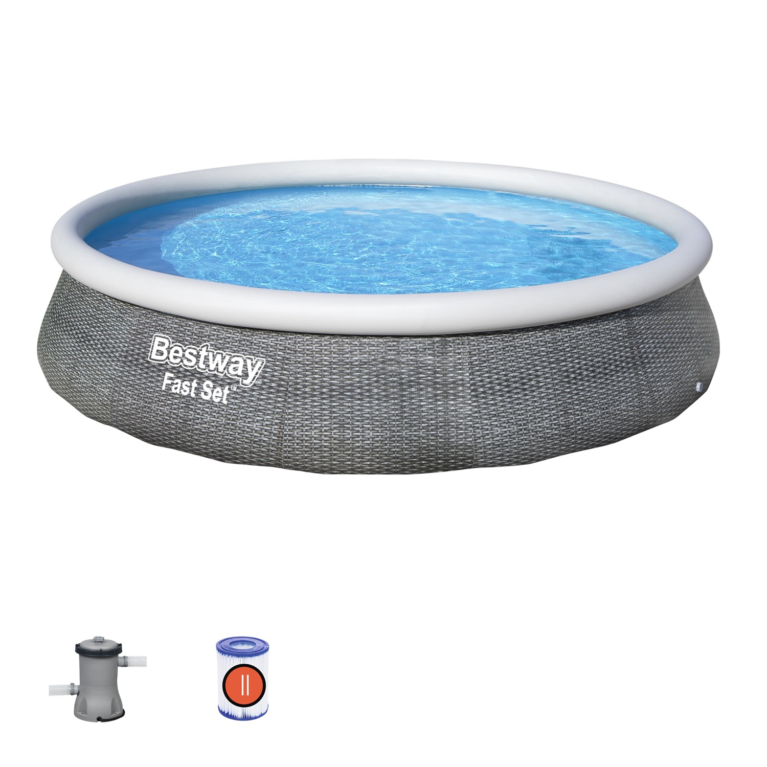 Bestway Fast Set Piscina Gonfiabile Autoportante Rotonda 396x84 cm - Effetto Rattan - Capacità 7340L - Pompa Filtro Inclusa