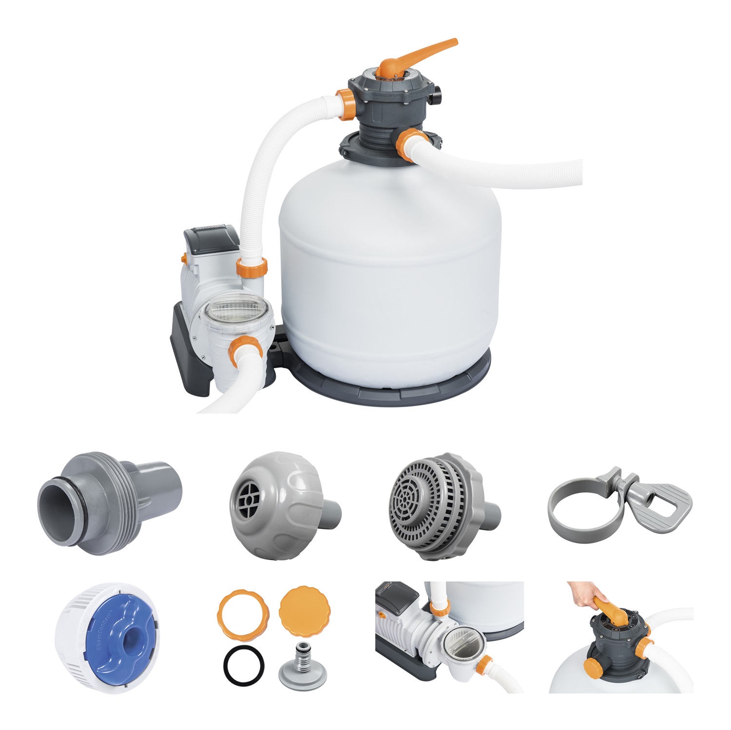 Bestway Pompa Filtro a Sabbia Flowclear 11.355 L/h per Piscine fino a 66.600 Litri - 6 Funzioni, Motore 230V, Accessori Inclusi
