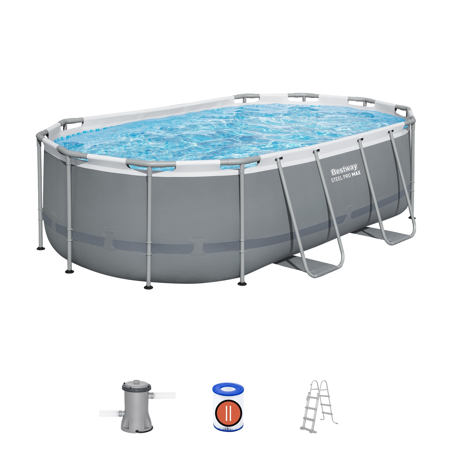 Bestway Power Steel Piscina Ovale 427x250x100 cm - Grigio Scuro - Capacità 7250L - Pompa a Filtro e Scaletta Inclusi