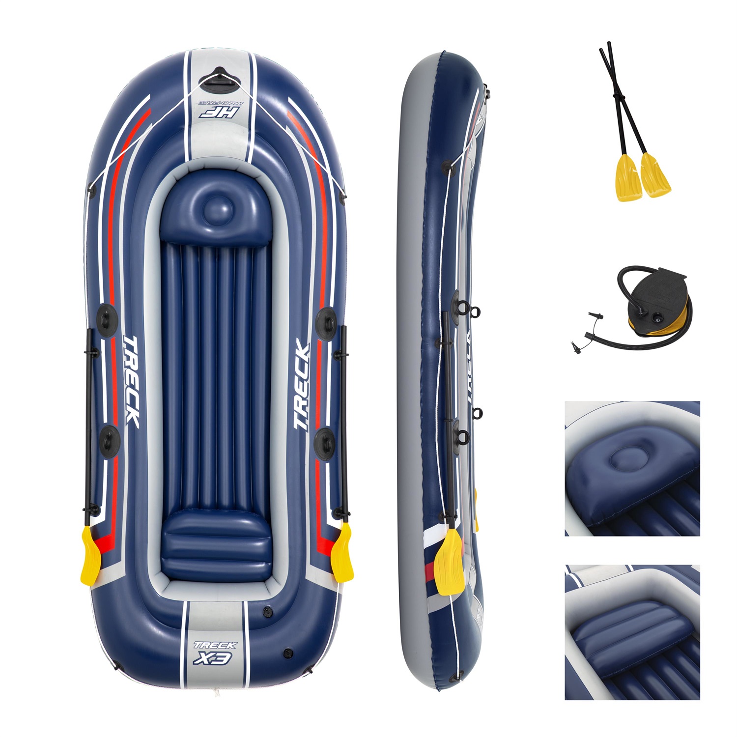 Bestway Canotto Gonfiabile Hydro-Force 307x126 cm - Portata Massima 270 kg, Ideale per 3 Adulti e 1 Bambino, Include 2 Remi, Pompa a Piede, Kit di Riparazione e 2 Cuscini Gonfiabili