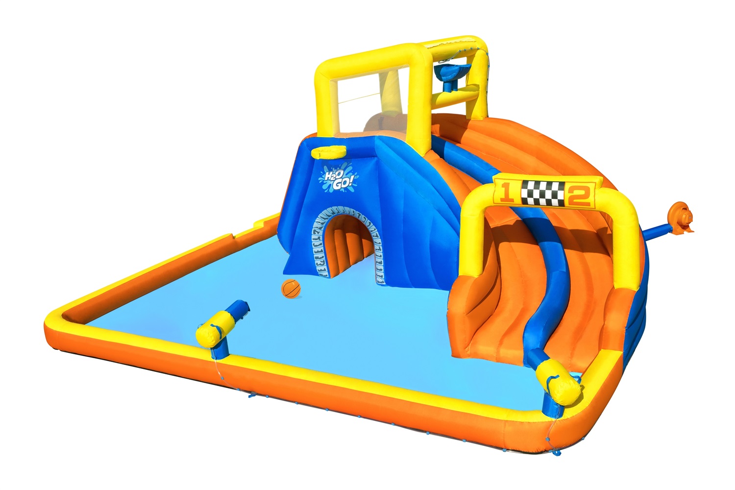 Bestway Mega Parco Acquatico Super Waterway 551 x 502 x 265 cm con scivolo d'acqua, cannone spara acqua, tunnel e parete per arrampicarsi, include soffiatore d'aria e borsa per il trasporto