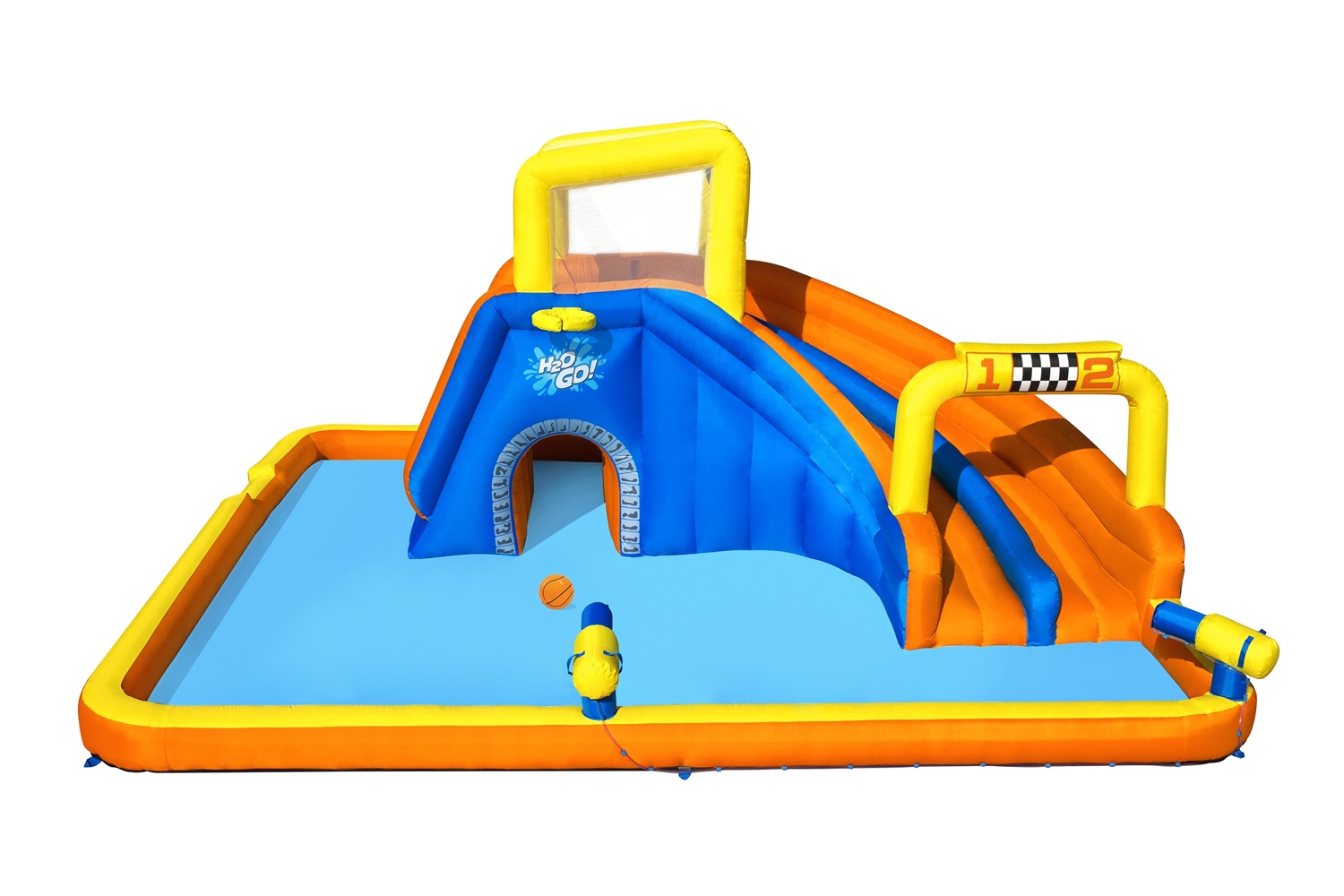 Bestway Mega Parco Acquatico Super Waterway 551 x 502 x 265 cm con scivolo d'acqua, cannone spara acqua, tunnel e parete per arrampicarsi, include soffiatore d'aria e borsa per il trasporto