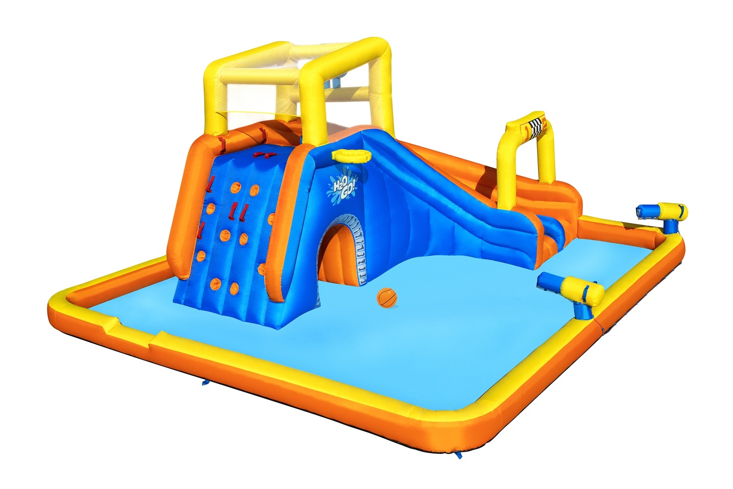 Bestway Mega Parco Acquatico Super Waterway 551 x 502 x 265 cm con scivolo d'acqua, cannone spara acqua, tunnel e parete per arrampicarsi, include soffiatore d'aria e borsa per il trasporto