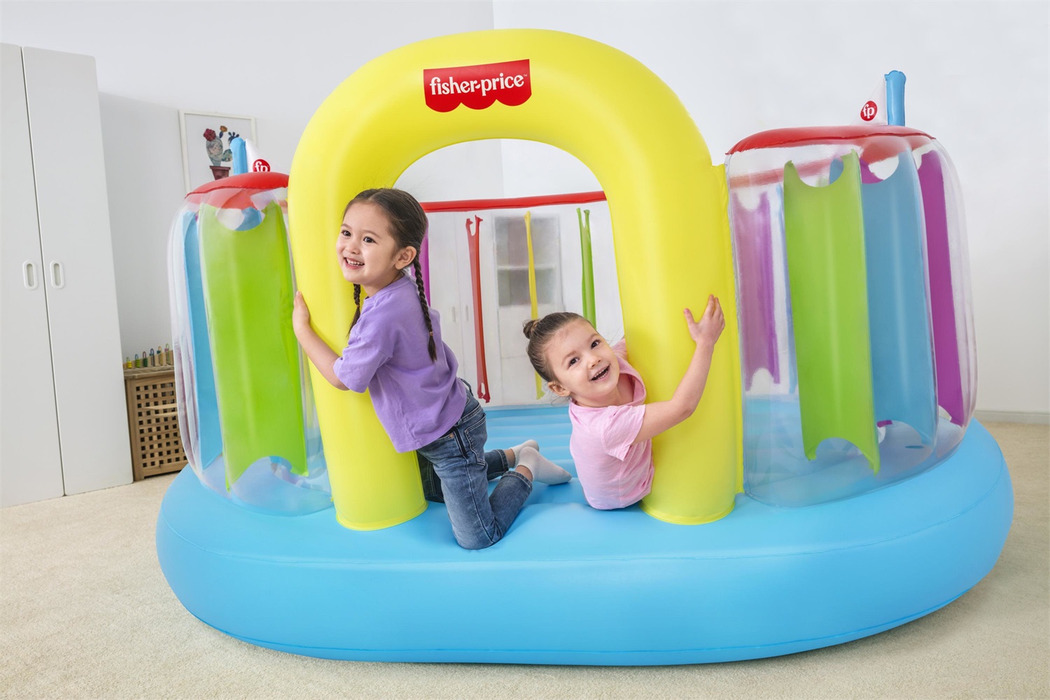 Bestway Castello Gonfiabile Bouncetopia Fisher-Price - 2.26 m x 1.78 m x 1.32 m, Pompa Elettrica Integrata, Sicurezza con Pareti Trasparenti