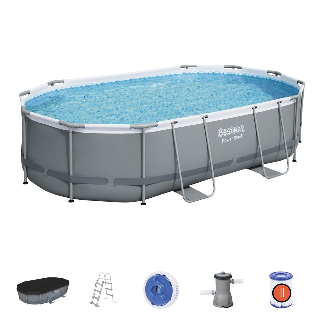 Bestway Power Steel 56448 Piscina Ovale 488x305x107 cm Grigio Scuro con Filtro a Cartuccia e Capacità di 10949 L