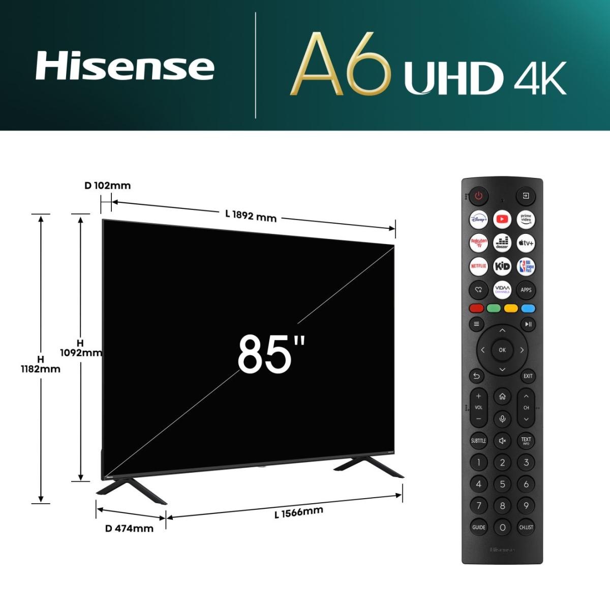 Hisense 85E6NT - Smart TV 4K Ultra HD da 85 pollici con Wi-Fi, colore Nero
