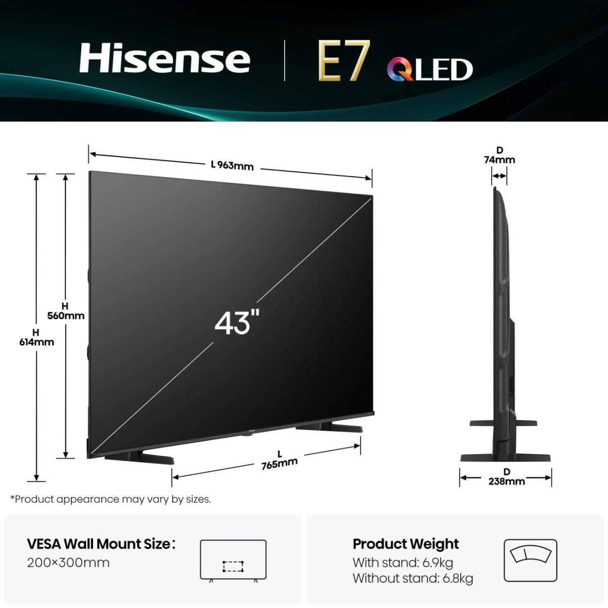 Hisense 43E7Q Smart TV QLED 43'' (109,2 cm) 4K Ultra HD con Dolby Vision e HDR10 - Nero