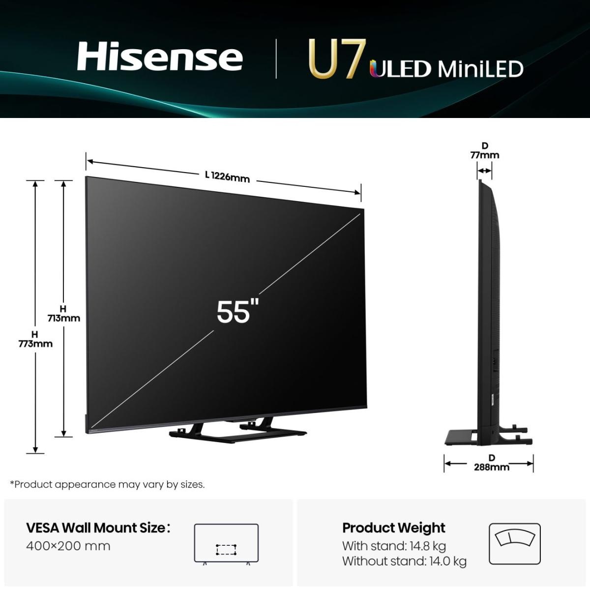 Hisense 55U7Q MiniLED Smart TV 55'' 4K Ultra HD con Wi-Fi, Dolby Atmos e HDR10