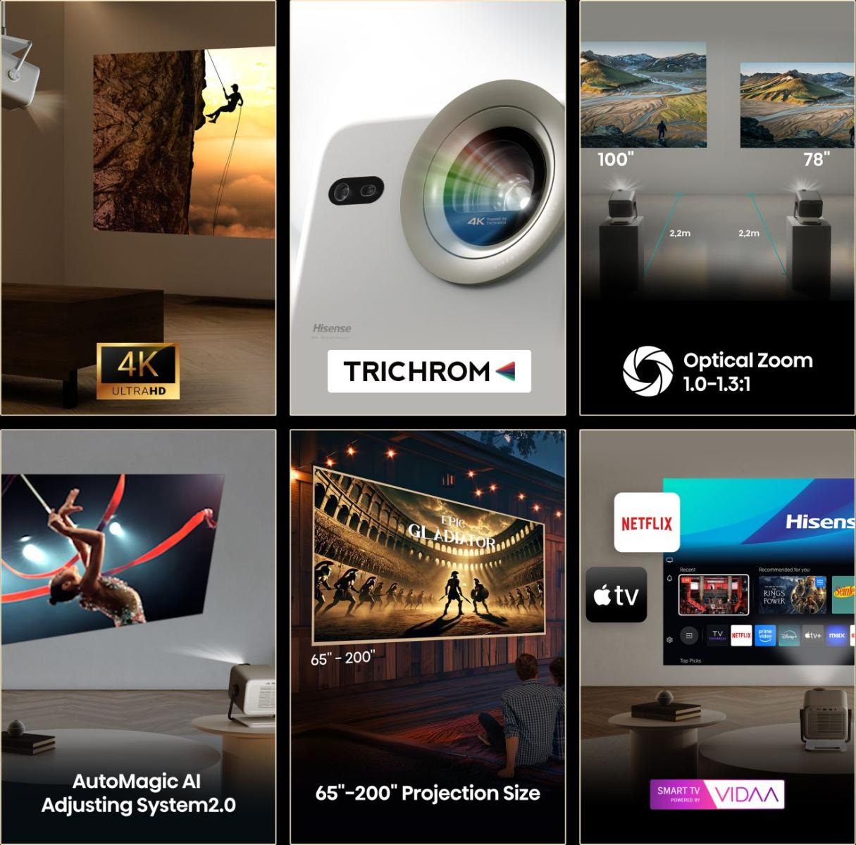 Hisense M2 Pro Videoproiettore Laser 4K UHD (3840x2160), 1300 ANSI Lumen, 20W Audio, Zoom Ottico, Compatibile Dolby Vision e HDR10 , Smart TV VIDAA U7, Grigio