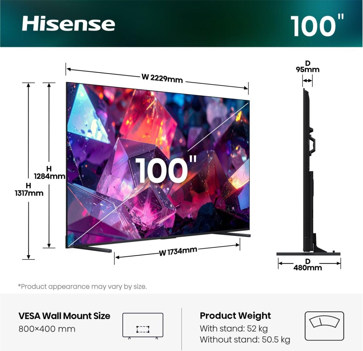 Hisense Smart TV QLED 100' 4K 144Hz con Dolby Atmos, VIDAA OS, 1000 App, Dolby Vision IQ e HDR 10
