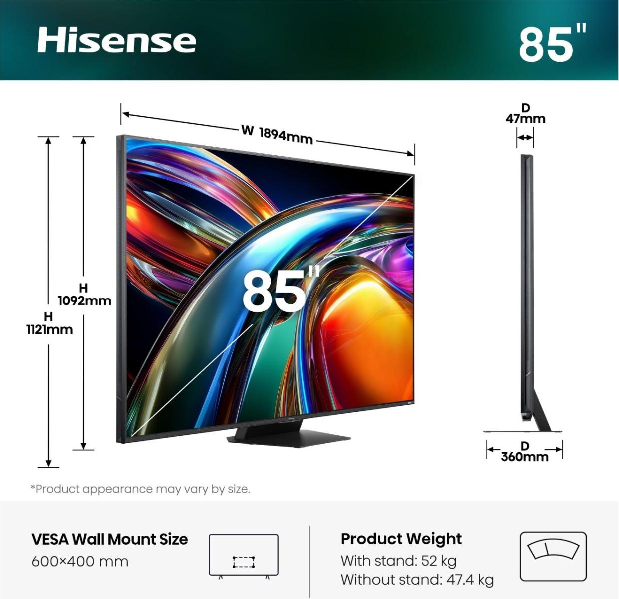 Hisense Smart TV 85UR9S RGB MiniLED 4K UHD 180Hz con Dolby Atmos e VIDAA OS