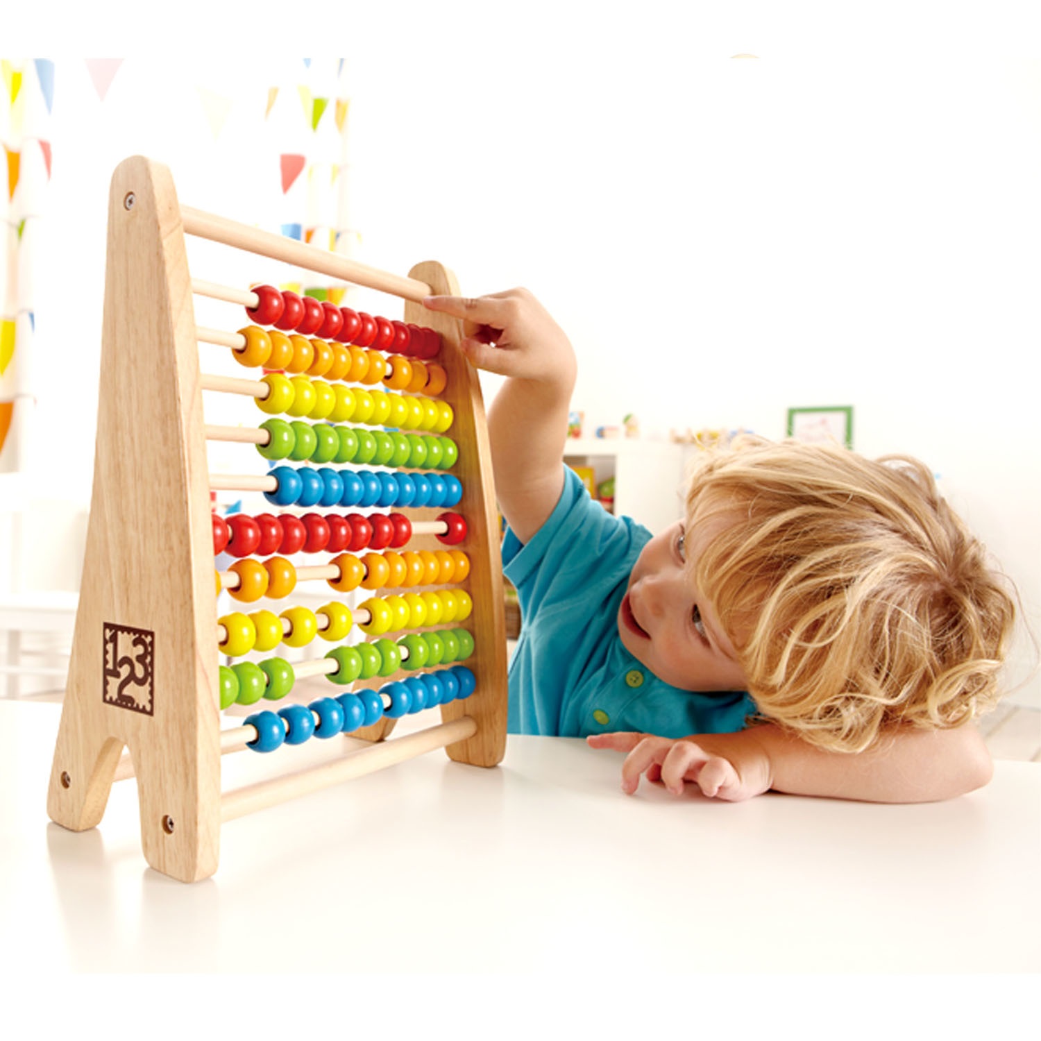 Hape Abaco Arcobaleno - Gioco educativo in legno con 100 palline colorate per bambini dai 3 anni