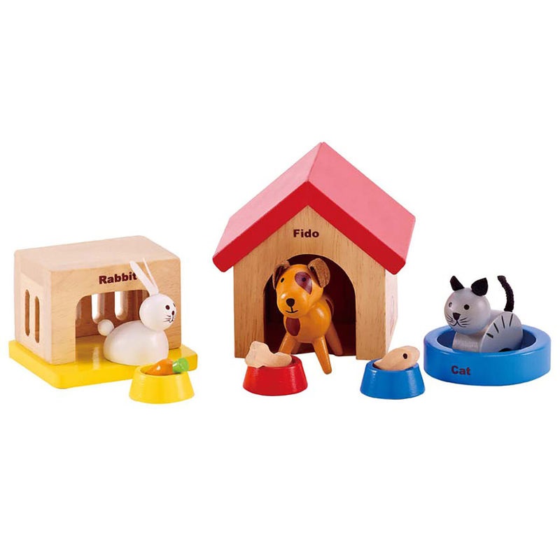 Hape Animali Domestici per la Casa delle Bambole - Set con Cane, Gatto e Coniglio, Cucce e Ciotole