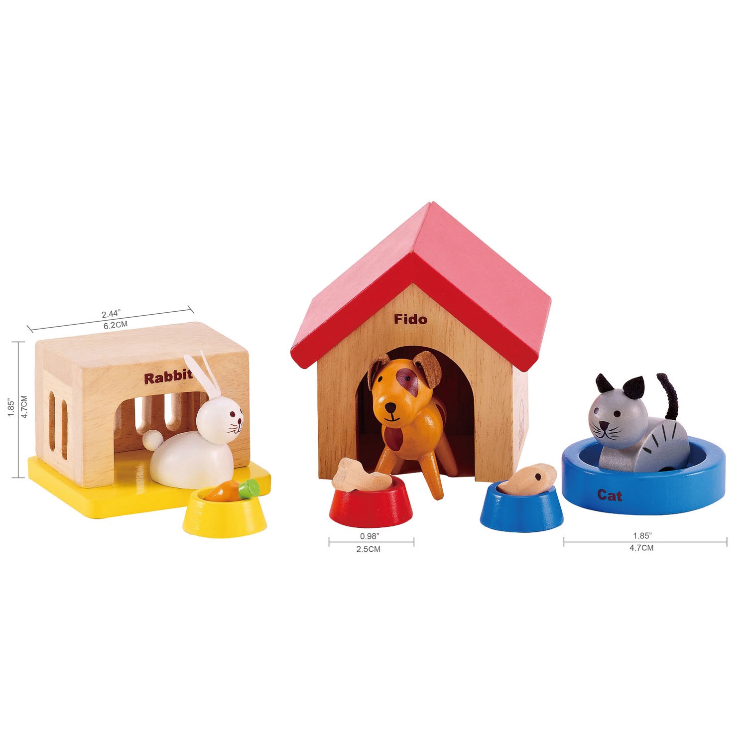 Hape Animali Domestici per la Casa delle Bambole - Set con Cane, Gatto e Coniglio, Cucce e Ciotole