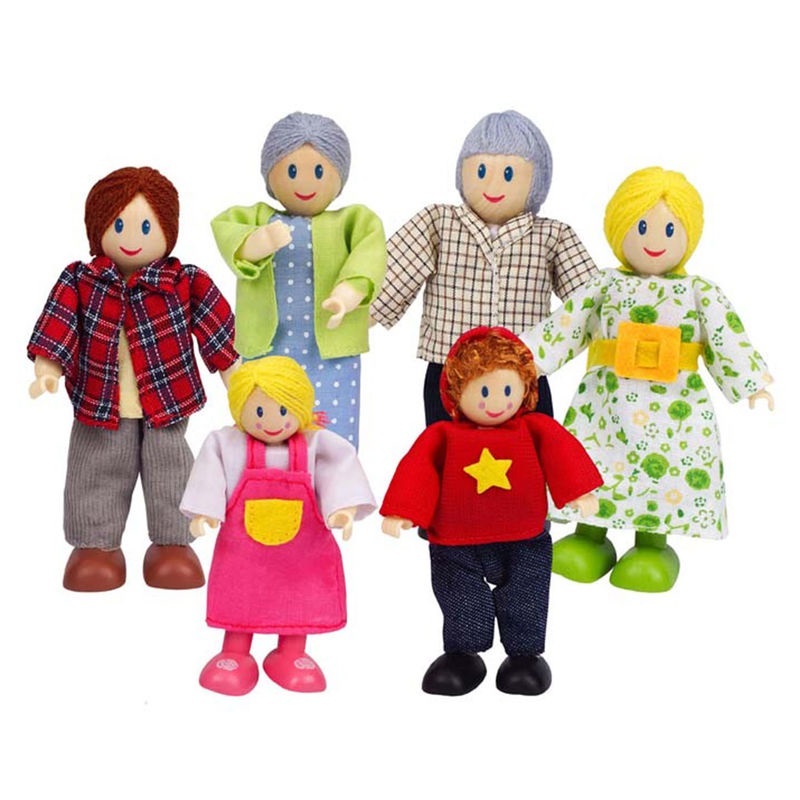 Hape E3500 Famiglia Felice in Legno - Set di 6 Personaggi Snodabili con Nonni Caucasici