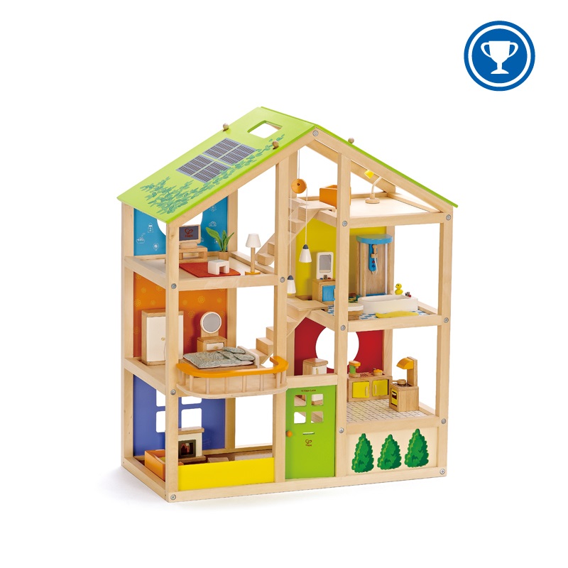 Hape E3401 - Casa 4 Stagioni in Legno per Bambini con 6 Stanze, Scale Rimovibili e Tetto Reversibile con Pannello Solare