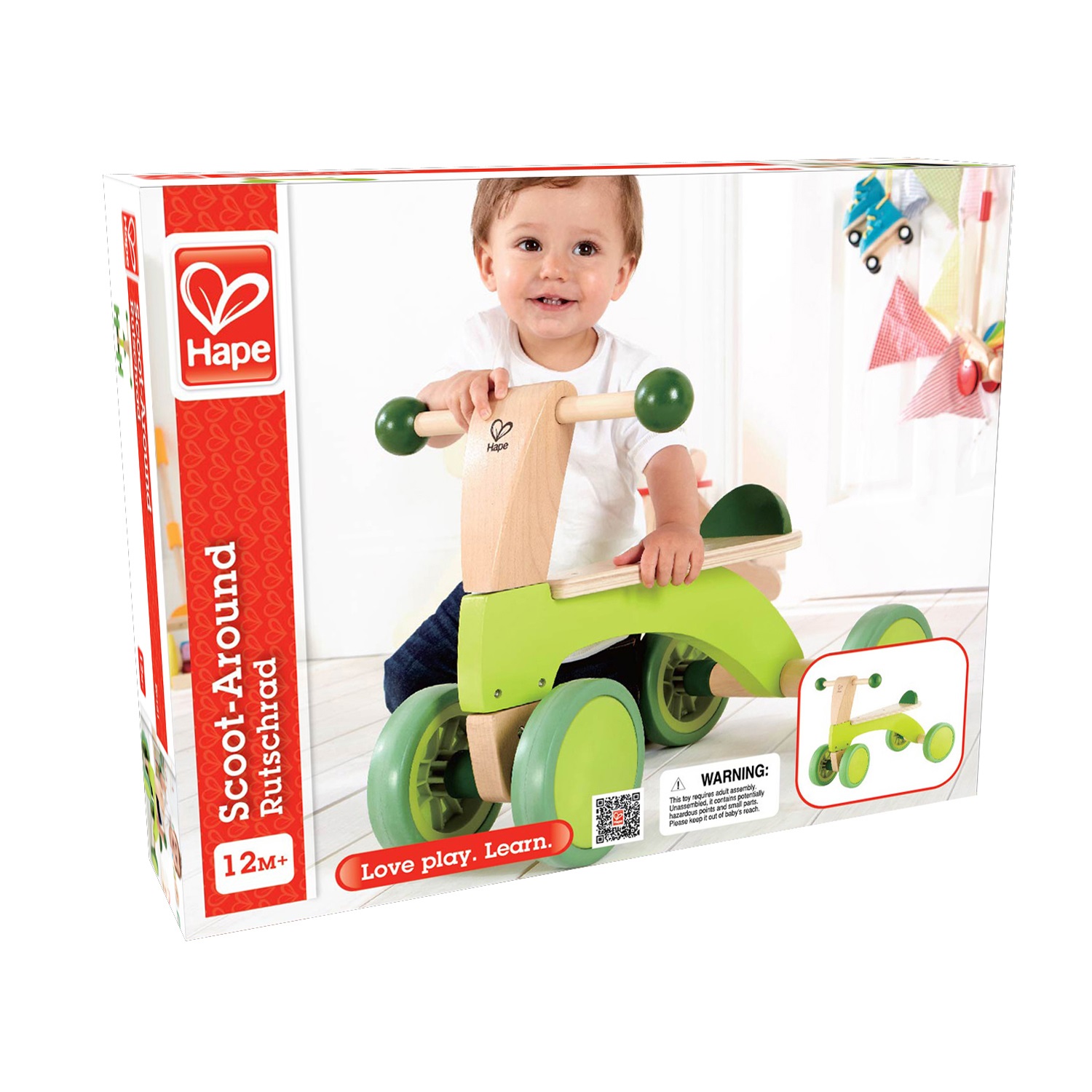Hape Scooter Cavalcabile in Legno con Quattro Ruote in Gomma - Ideale per Bambini 12m