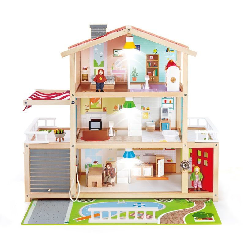 Hape Villa delle Bambole in Legno - Casa Arredata a Tre Piani con 8 Stanze e Accessori per Gioco di Ruolo - Per Bambini dai 3 Anni