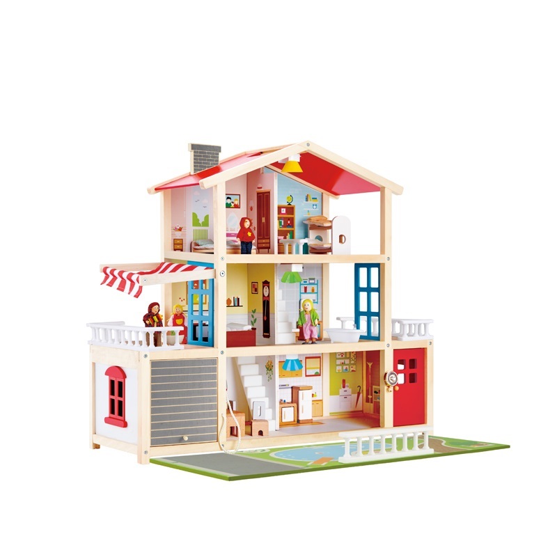 Hape Villa delle Bambole in Legno - Casa Arredata a Tre Piani con 8 Stanze e Accessori per Gioco di Ruolo - Per Bambini dai 3 Anni
