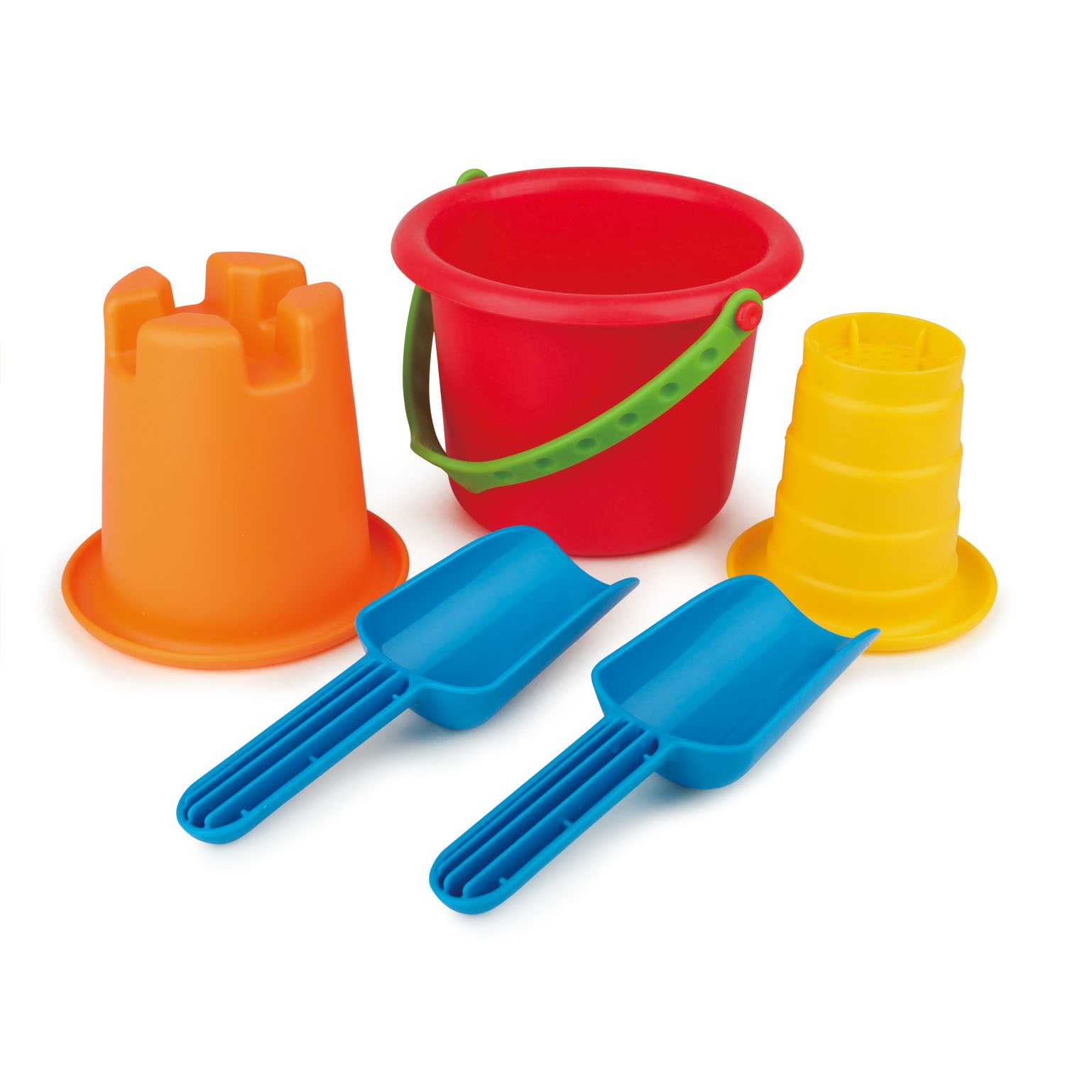 Hape Set per Spiaggia 5 in 1 - Kit di Secchielli e Palette Multicolore Impilabili per Gioco all'Aperto per Bambini dai 18 Mesi