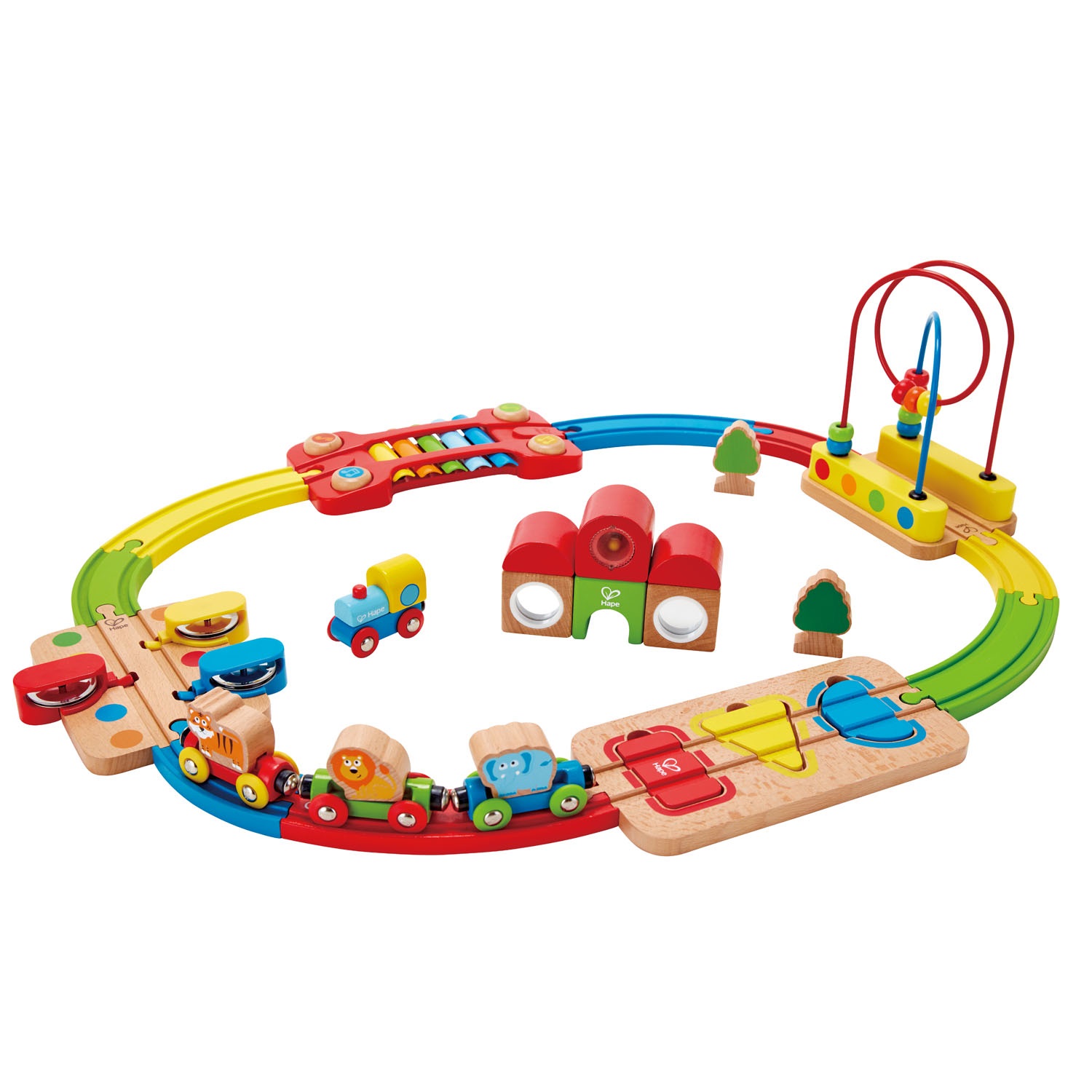 Hape E3826 Pista Treno Arcobaleno - Giocattolo Educativo per Sviluppare Abilità Motorie, Puzzle Ferrovia con Binari Colorati e Strumenti Musicali, Adatto dai 18 Mesi