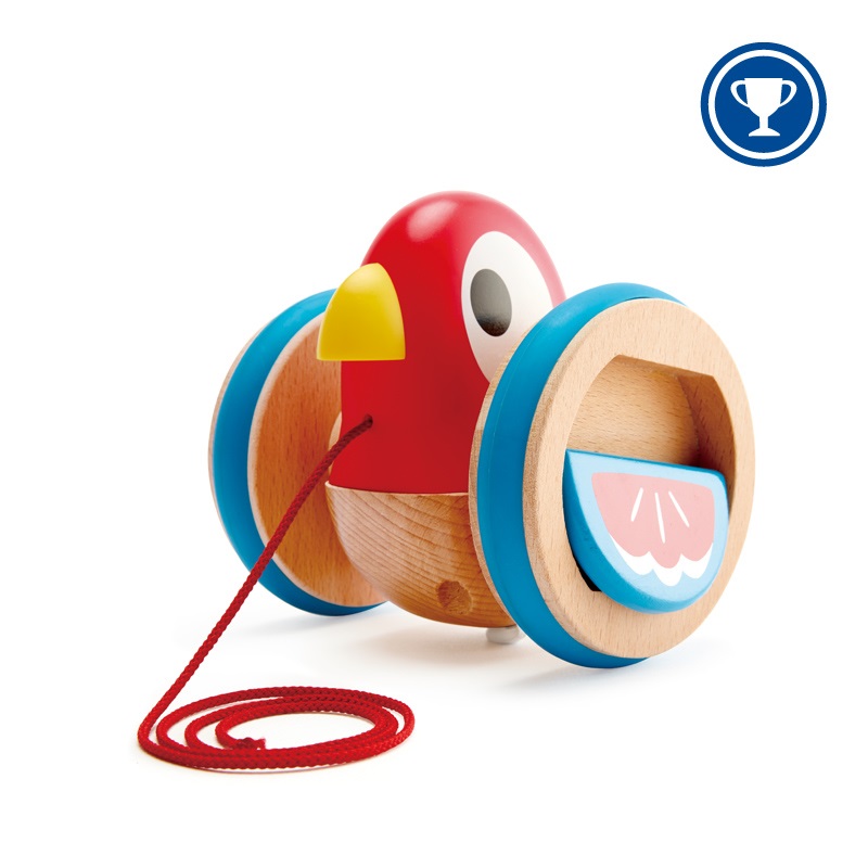 Hape Uccellino Trainabile Spingi&Tira - Pappagallino in Legno con Cordino e Rotelle per Bambini dai 12 Mesi