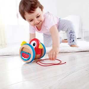 Hape Uccellino Trainabile Spingi&Tira - Pappagallino in Legno con Cordino e Rotelle per Bambini dai 12 Mesi