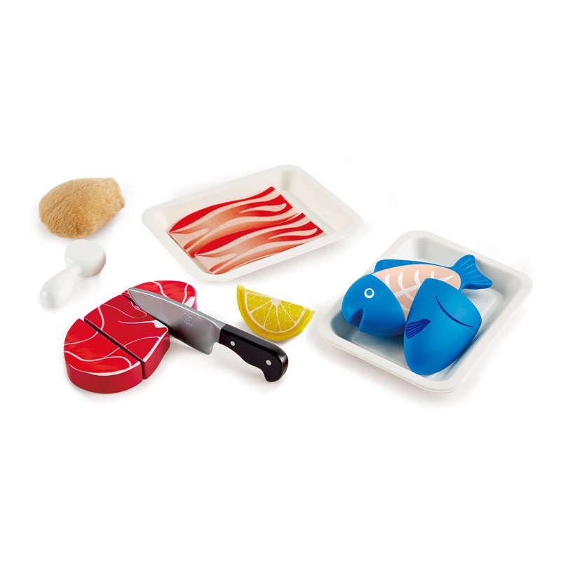 Hape Set da Gioco Carne e Pesce con Coltello e Vassoio - Divertimento in Cucina per Piccoli Chef