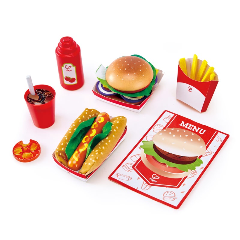 Hape Fast Food Set - Gioco di Cucina in Stile Americano con Hamburger, Hot Dog, Patatine e Cola