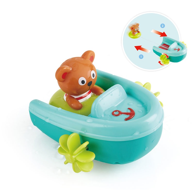 Hape Barca a Molla per Bagnetto Multicolore con Orso Tubista - Gommone con Motore a Strappo