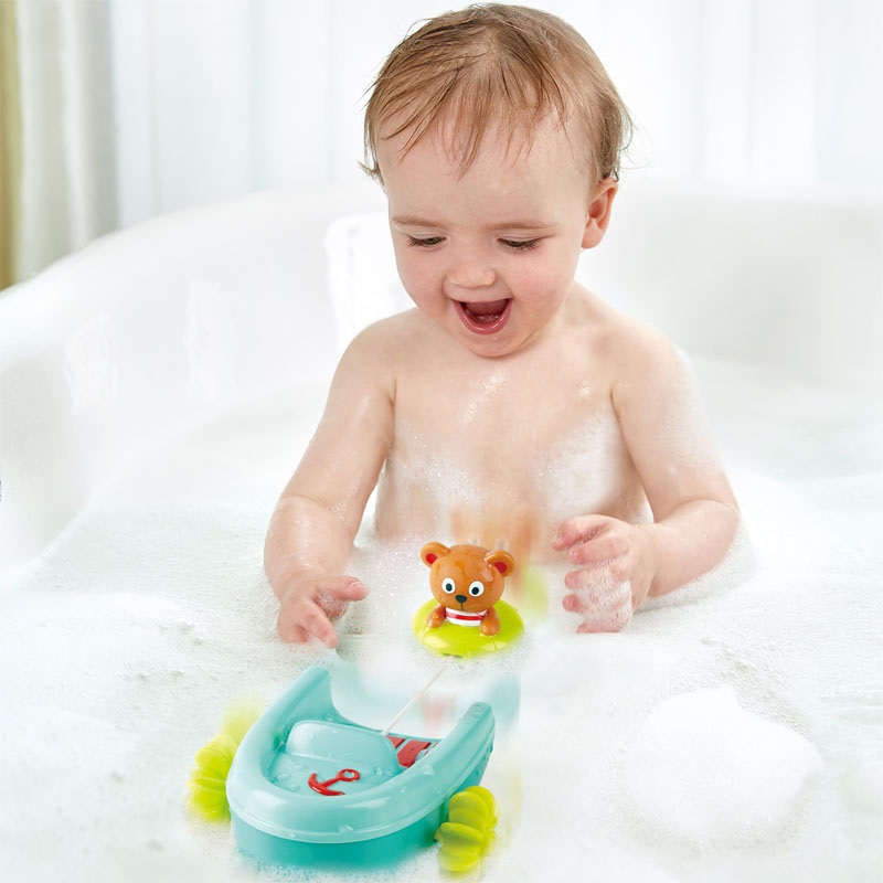 Hape Barca a Molla per Bagnetto Multicolore con Orso Tubista - Gommone con Motore a Strappo