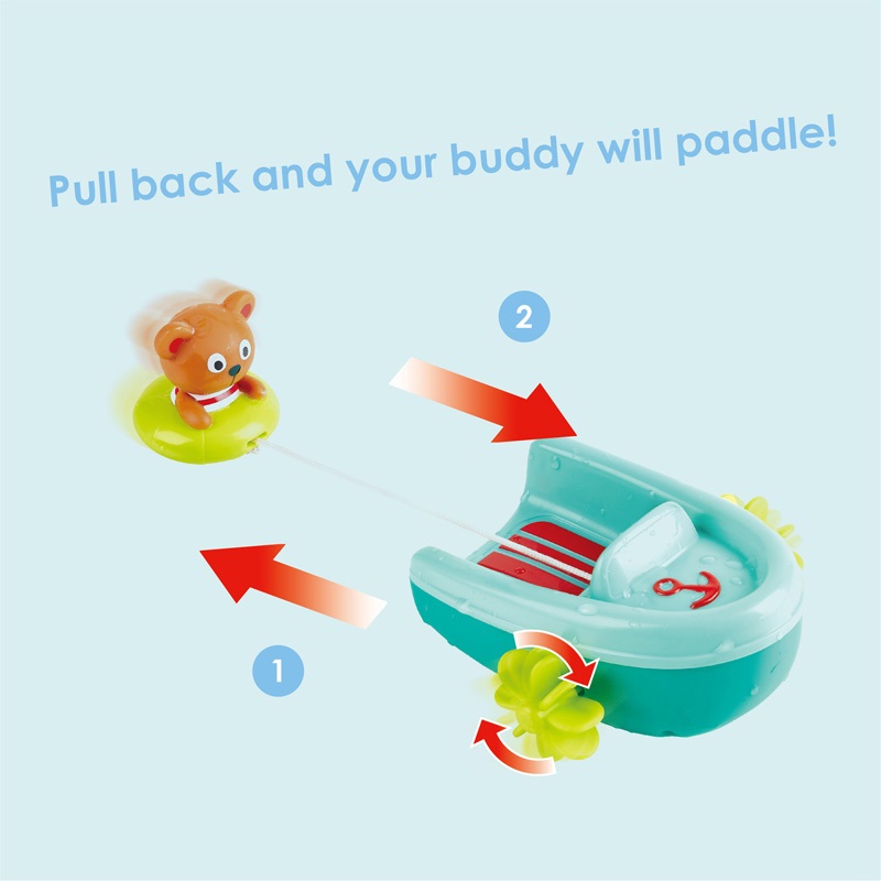 Hape Barca a Molla per Bagnetto Multicolore con Orso Tubista - Gommone con Motore a Strappo