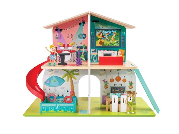 Hape Casa delle Bambole Rock & Slide Casa delle Star - Interattiva a Doppio Lato con 9 Effetti Sonori e Ambienti Esplorabili