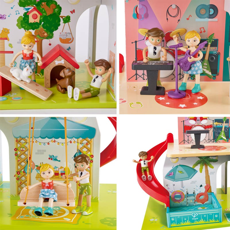 Hape Casa delle Bambole Rock & Slide Casa delle Star - Interattiva a Doppio Lato con 9 Effetti Sonori e Ambienti Esplorabili