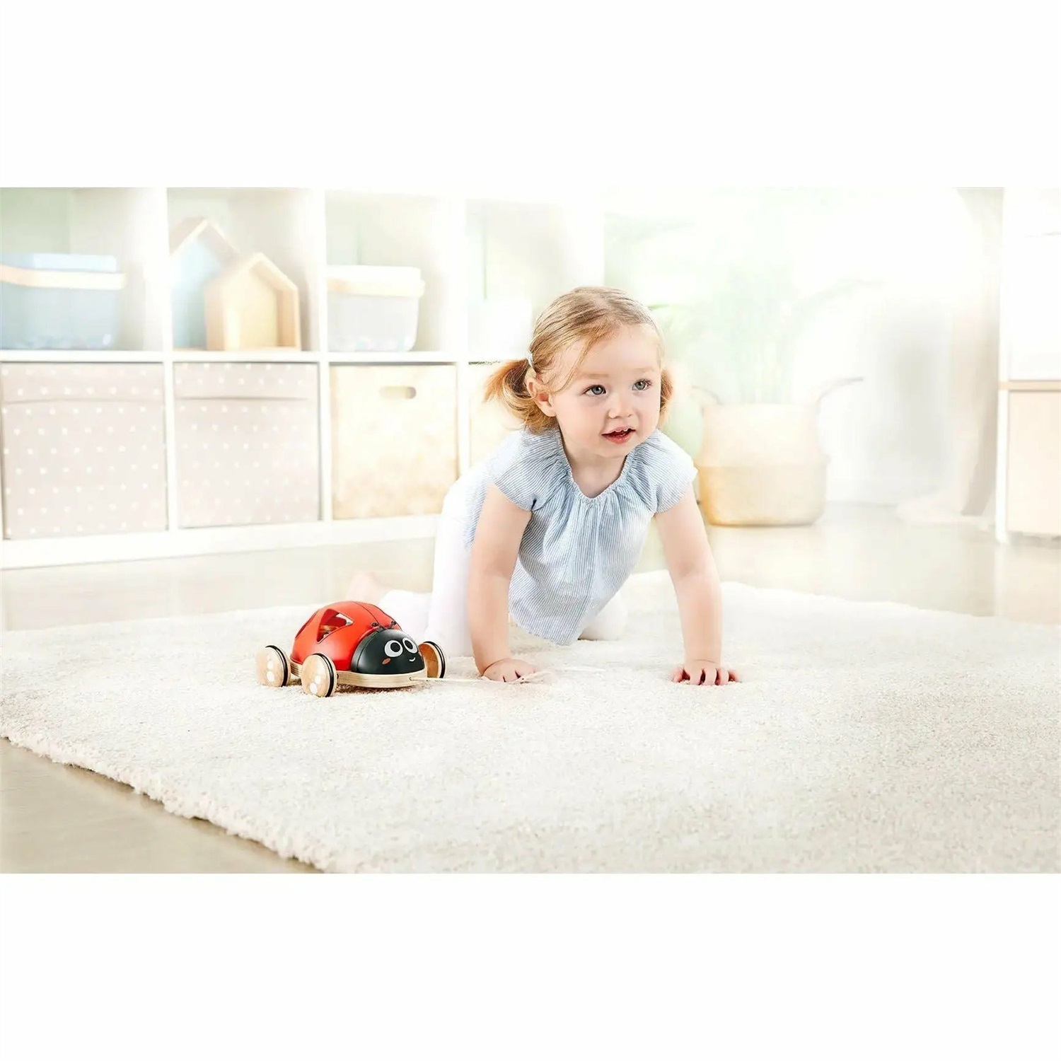 Hape Coccinella Selezionatore di Forme 12M | Giocattolo in Legno 2 in 1 Trainabile con Guscio Apribile e Forme a Incastro