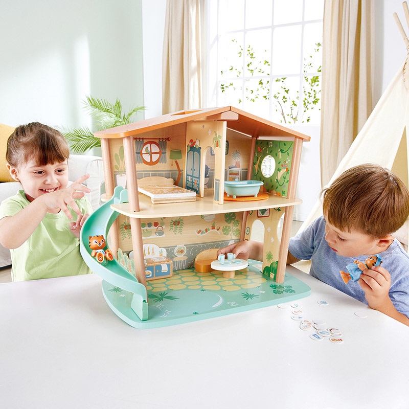 Hape Green Planet Explorers - Casa nella giungla delle tigri in legno a 2 piani con accessori e personaggi per gioco di ruolo, dai 3 anni