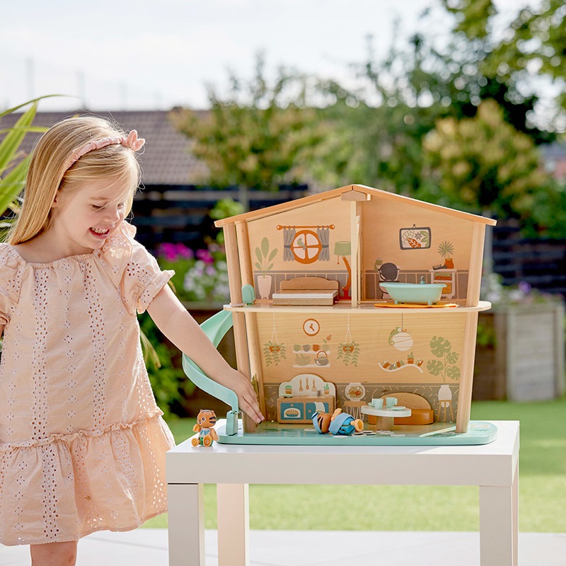 Hape Green Planet Explorers - Casa nella giungla delle tigri in legno a 2 piani con accessori e personaggi per gioco di ruolo, dai 3 anni