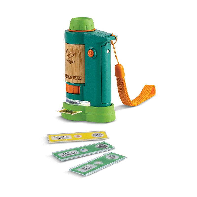 Hape Nature Fun - Microscopio portatile in bambù eco-friendly con ingrandimento fino a 120x e 4 vetrini, adatto dai 4 anni