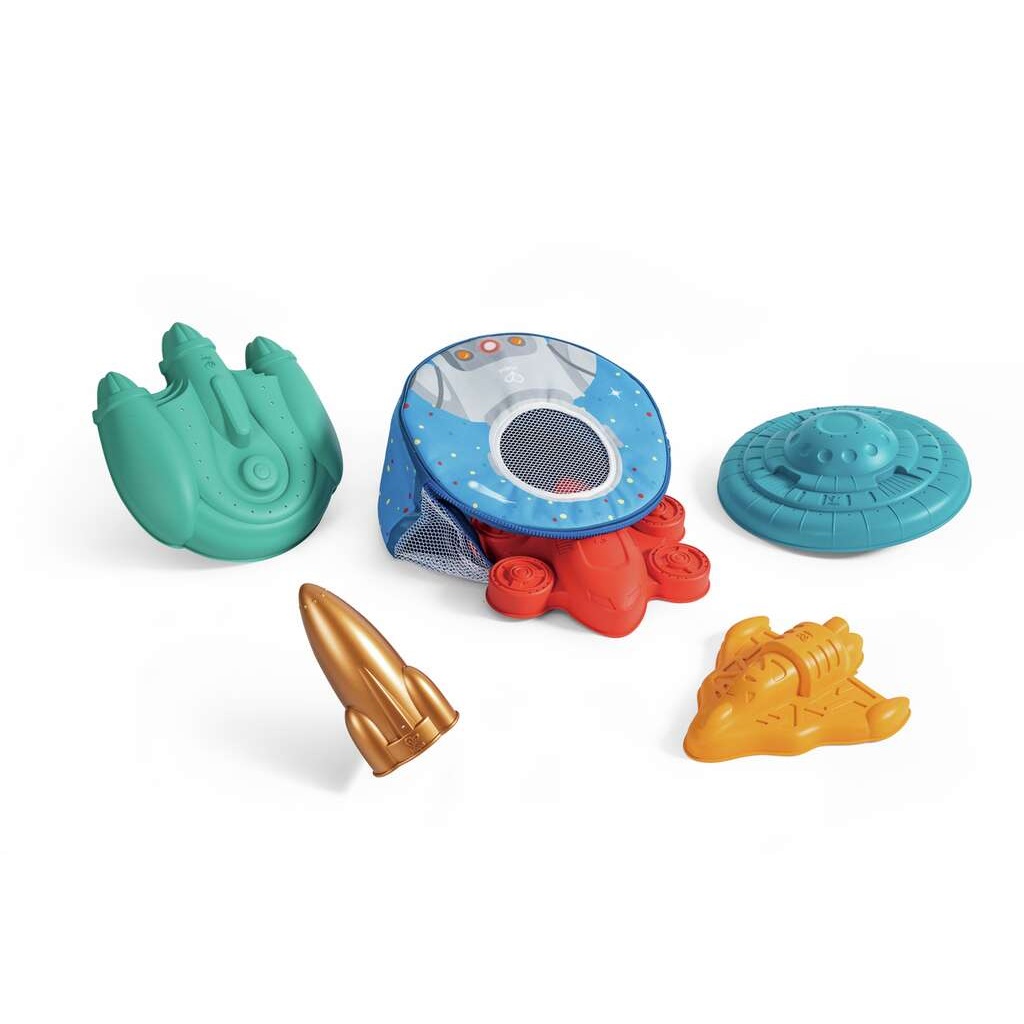 Hape Set di Giocattoli Astronave di Ricerca - Giocattolo di Sabbia per Bambini a Partire dai 18 Mesi, 6 Pezzi, Dimensioni 29cm x 12cm x 29cm