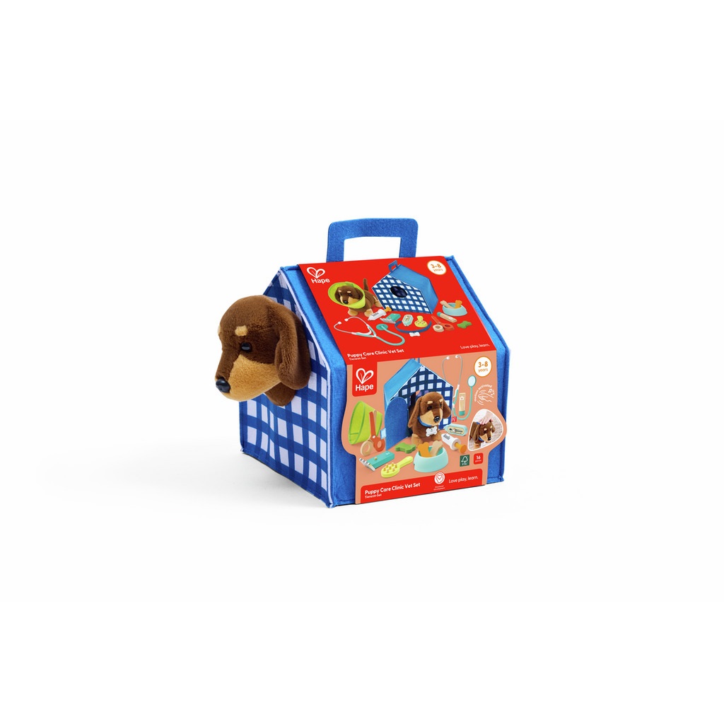 Hape Set Veterinario in Legno per Bambini - Clinica Veterinaria Portatile con Cucciolo Elettronico Interattivo