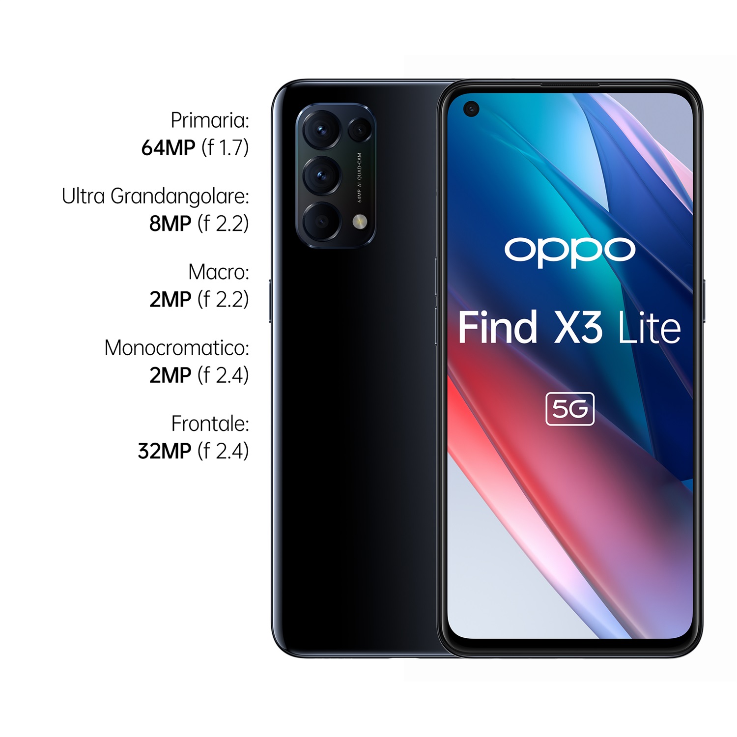 OPPO Find X3 Lite Smartphone 5G, Qualcomm 765G, Display 6.43'' FHD AMOLED, 4 Fotocamere 64MP, RAM 8GB ESPANDIBILE FINO A 13GB, ROM 128GB, Batteria 4400mAh, Dual Sim, Versione Italiana, Colore Starry Black