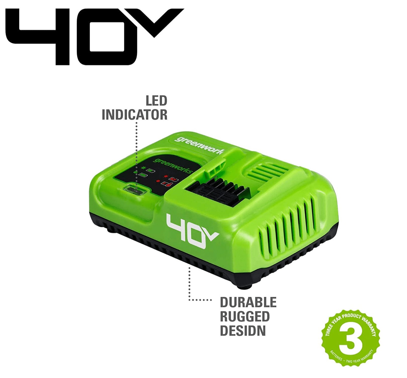 Greenworks Caricabatterie Rapido 40V 5AH con Raffreddamento Integrato e LED Indicatore