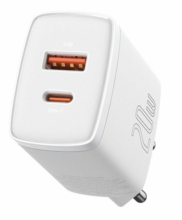 Baseus CCXJ-B02 Caricabatterie da rete 20W Bianco con Quick Charge e Power Delivery, due porte USB e di tipo C